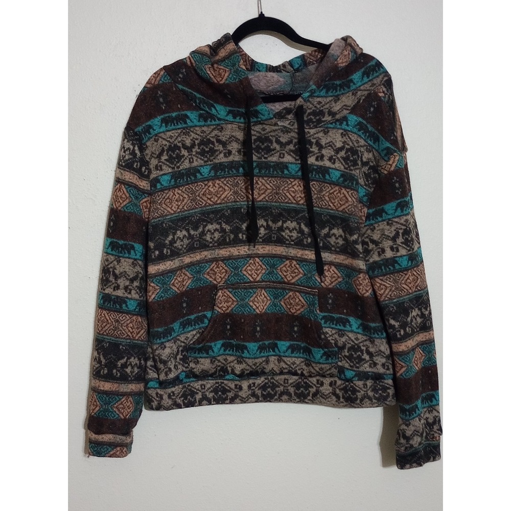 SHEIN Womens Southwestern Elephant Print Hoodie Brown Teal Geometric Size Large
